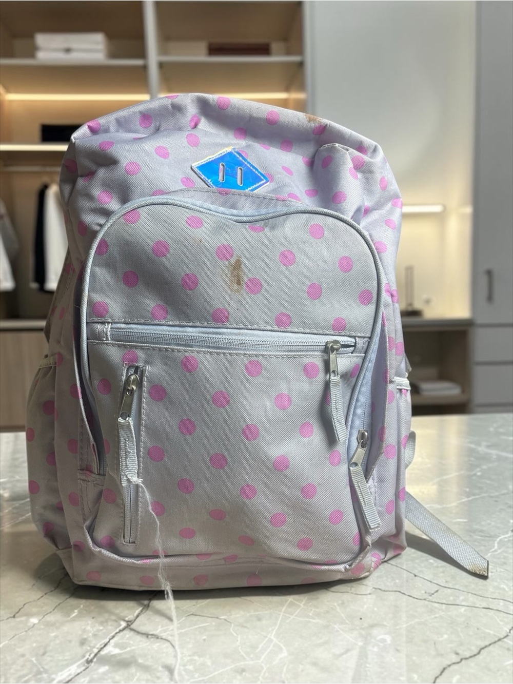 No Boundaries Women's Dome Backpack Gray Pink Polka Dot School Bag